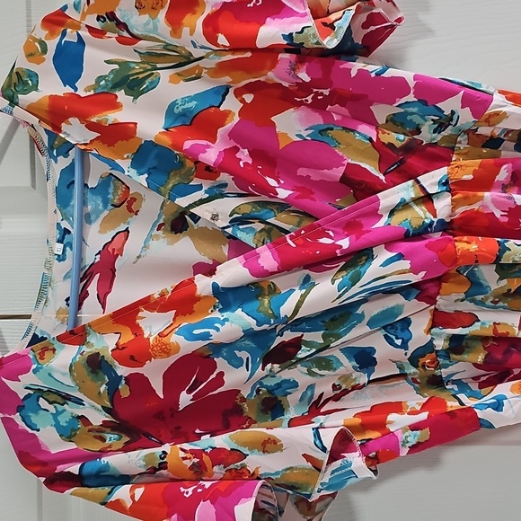 New CCTOO Colorful V Neck Short Sleeve Flowy Maxi Dress w Side Slit & Belt XL - Picture 13 of 14